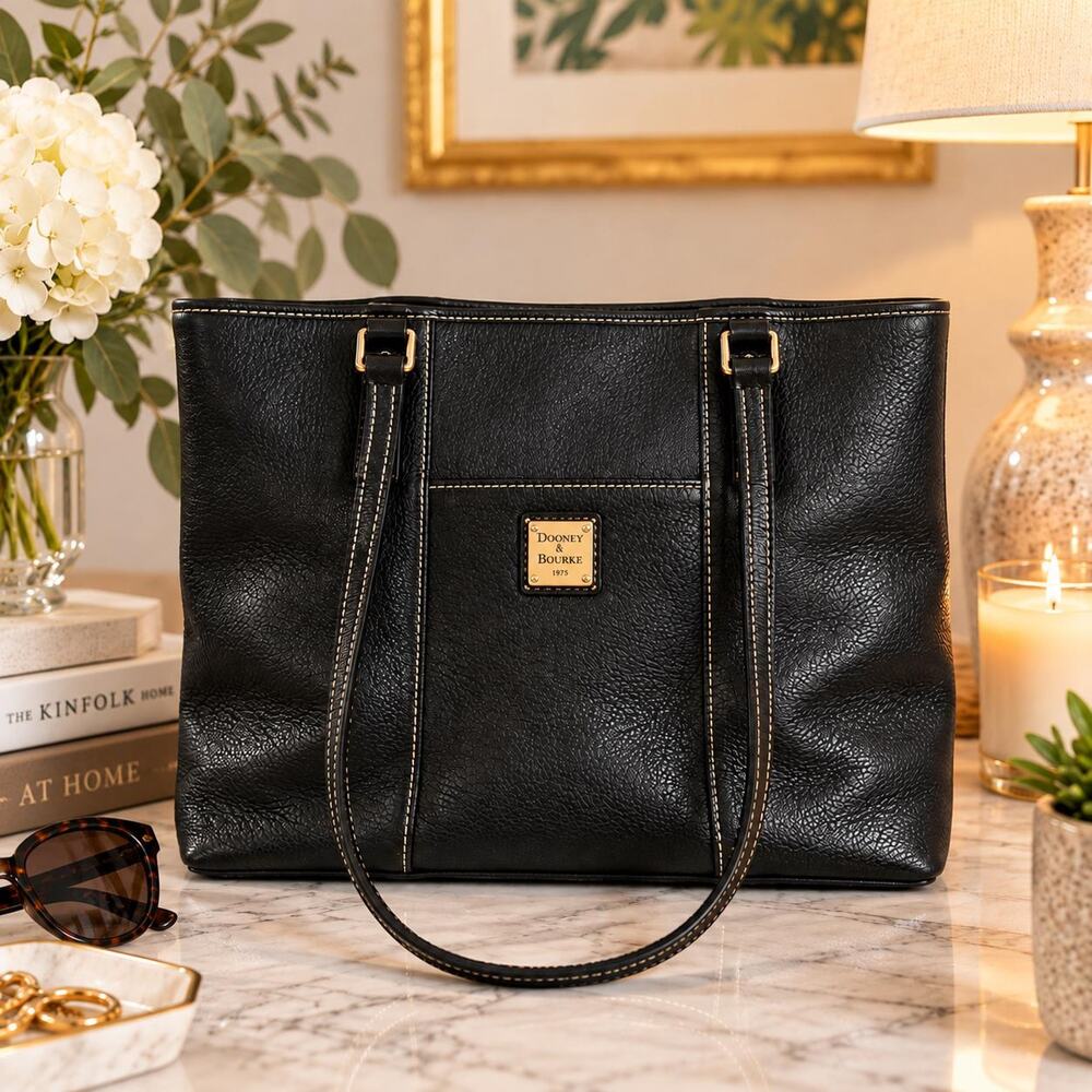 Dooney & Bourke Lexington Black Pebble Leather Shopper Tote Bag Gold Hardware